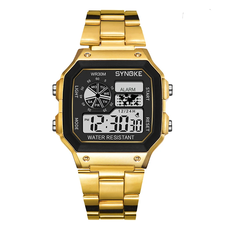 SYNOKE Watch Man Digital Gold Plastic Material Light And Comfortable Male Wristwatches Led Men's Watch Alarm Multifunction Clock
