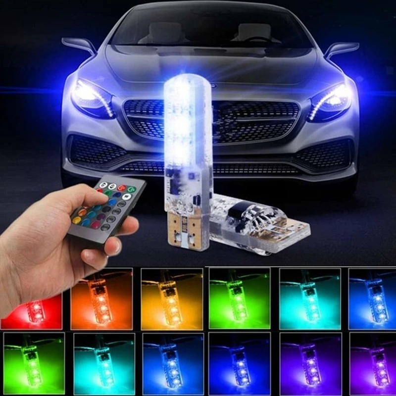 2x T10 Waterproof W5w 501 Car Wedge Side Light Bulb-6SMD 5050 RGB 7 Color LED Remote Control (NO Battery)Strobe Flash Wedge Lamp