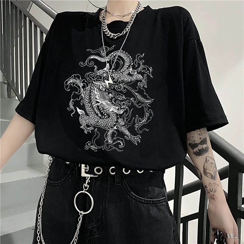 Korean Tees dropshipping Cotton Goth dragon punk Gothic clothes y2k top Short sleeve hip hop vintage print Harajuku women tshirt