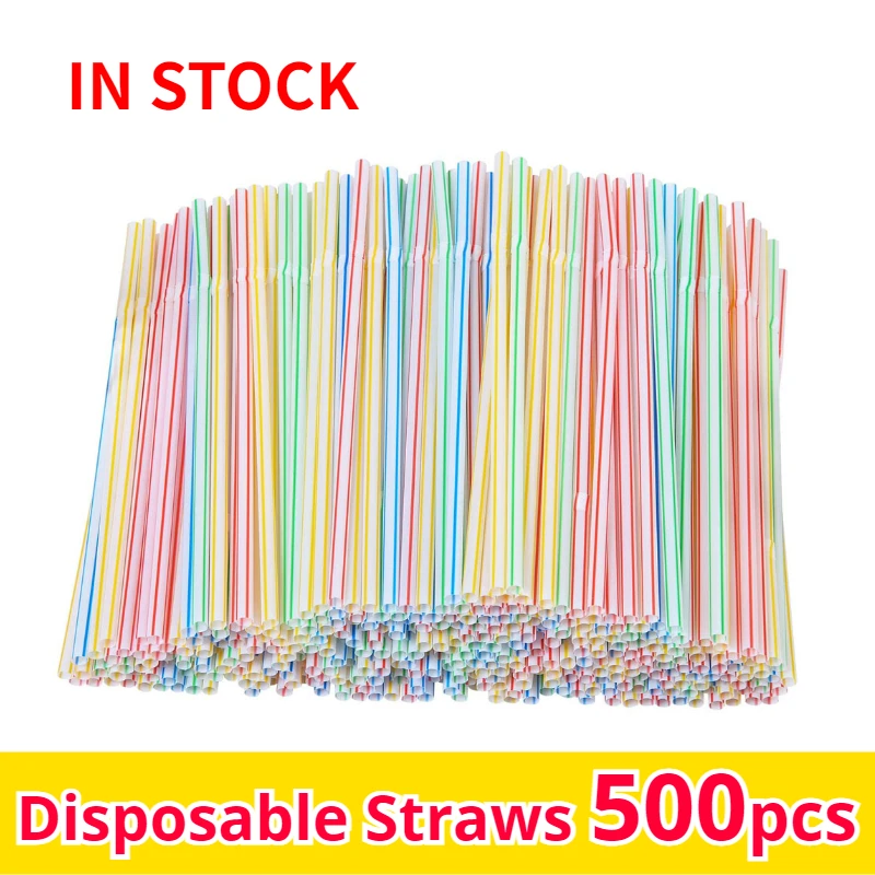 500 Pcs Disposable Plastic Drinking Straws Multi-Colored Striped Bendable Elbow Straws Party Event Alike Supplies Color Random