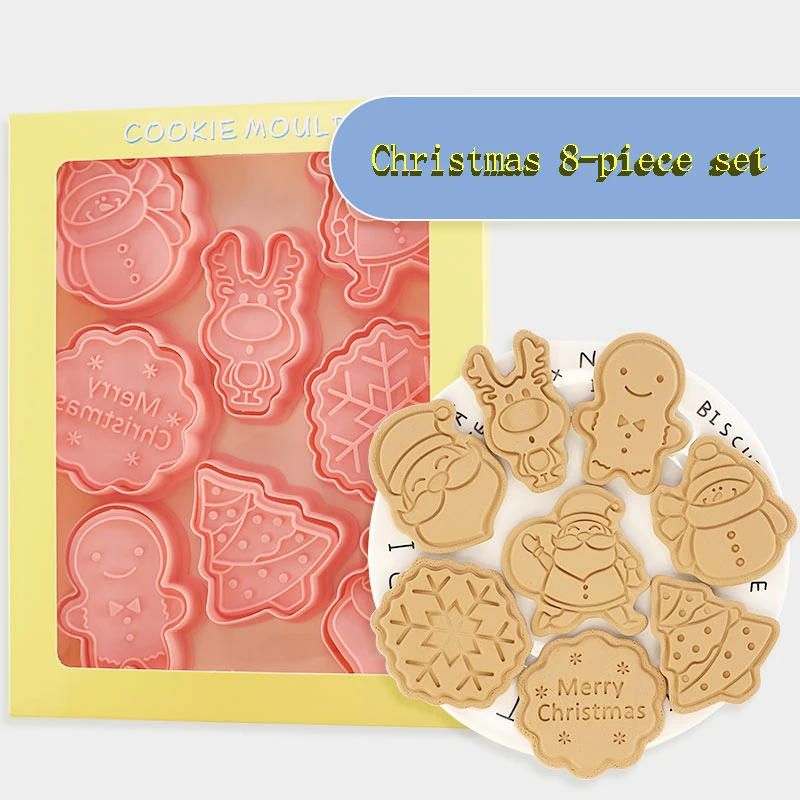 8 Pcs/Set DIY Christmas  Cartoon Biscuit Mould Cookie Cutter 3D Biscuits Mold ABS Plastic Baking Mould Cookie Decorating Tools