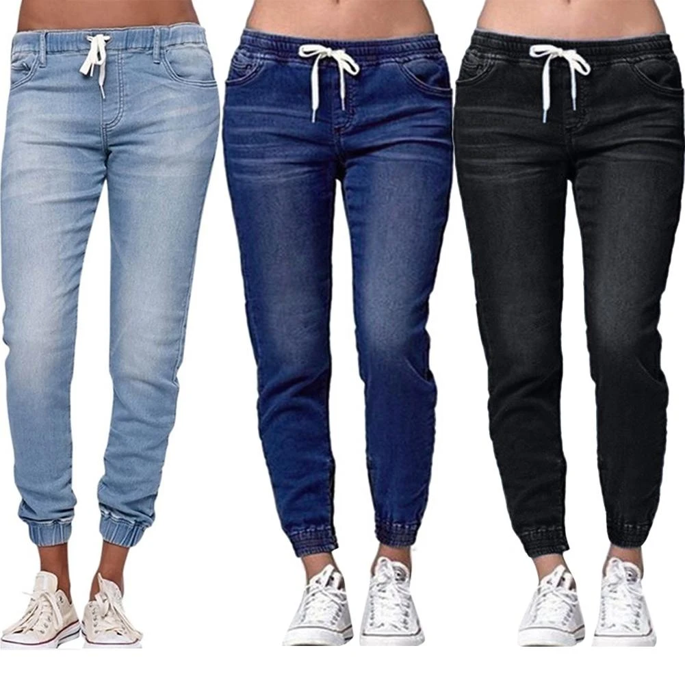 Casual Women Plus Size Drawstring Elastic Waist Jeans Loose Denim Long Pants Drawstring Elastic Waist Jeans Denim Pants 2022