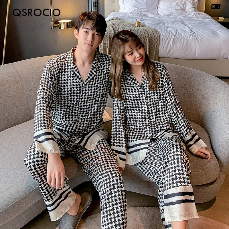 QSROCIO Silk Like Houndstooth Women's Pajamas Set Fashion Style Female Couple Sleepwear Home Clothes for Men Nightwear Pyjama