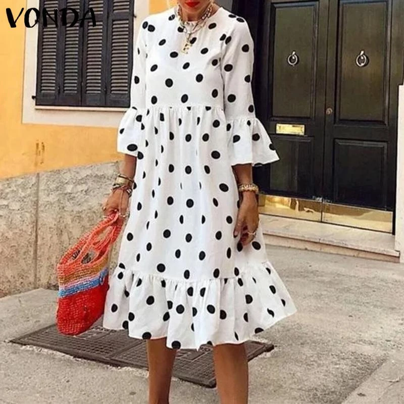 Bohemian Midi Dress Women's 3/4 Sleeve Ruffle Dress Vintage Polka Dot Dress 2021 VONDA Summer Holiday Sundress Femininas