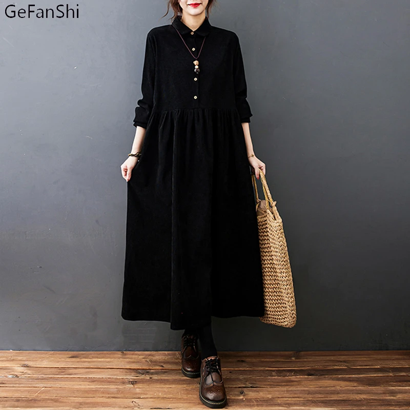 2021 New Autumn Winter Women Dress Vintage Solid Corduroy Casual Loose Fashion  Long Sleeve Office Elegant Ladies Dresses Girl