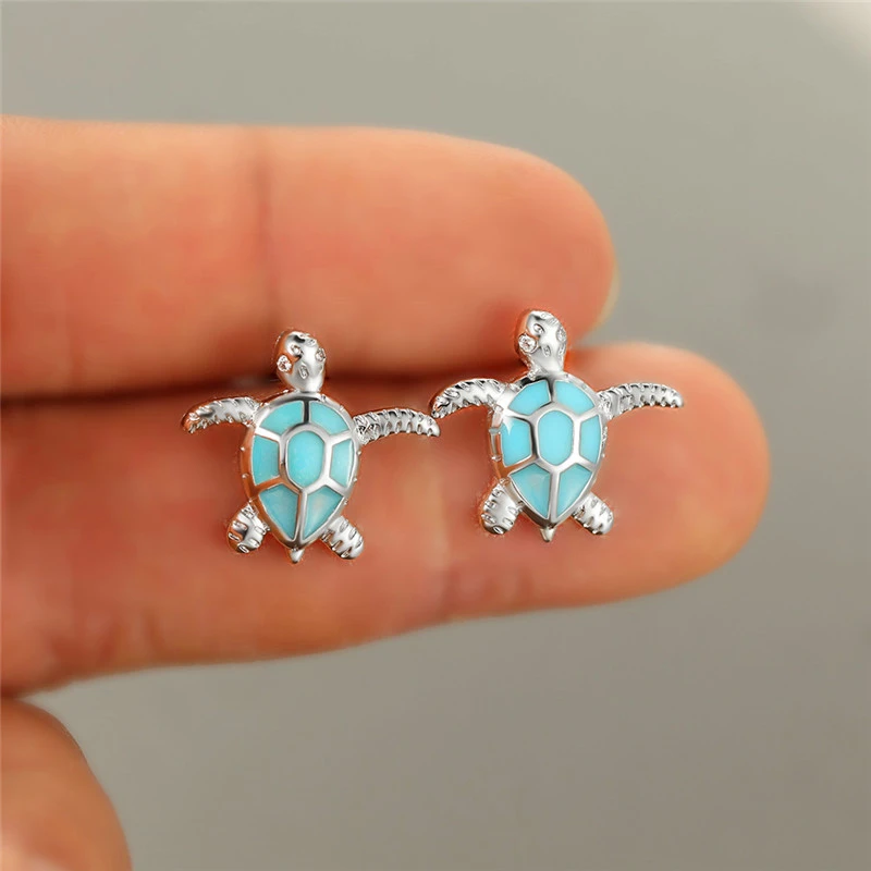 Dainty Female White Blue Opal Stone Jewelry Charm Silver Color Wedding Earring Cute Sea Turtle Small Stud Earrings For Women