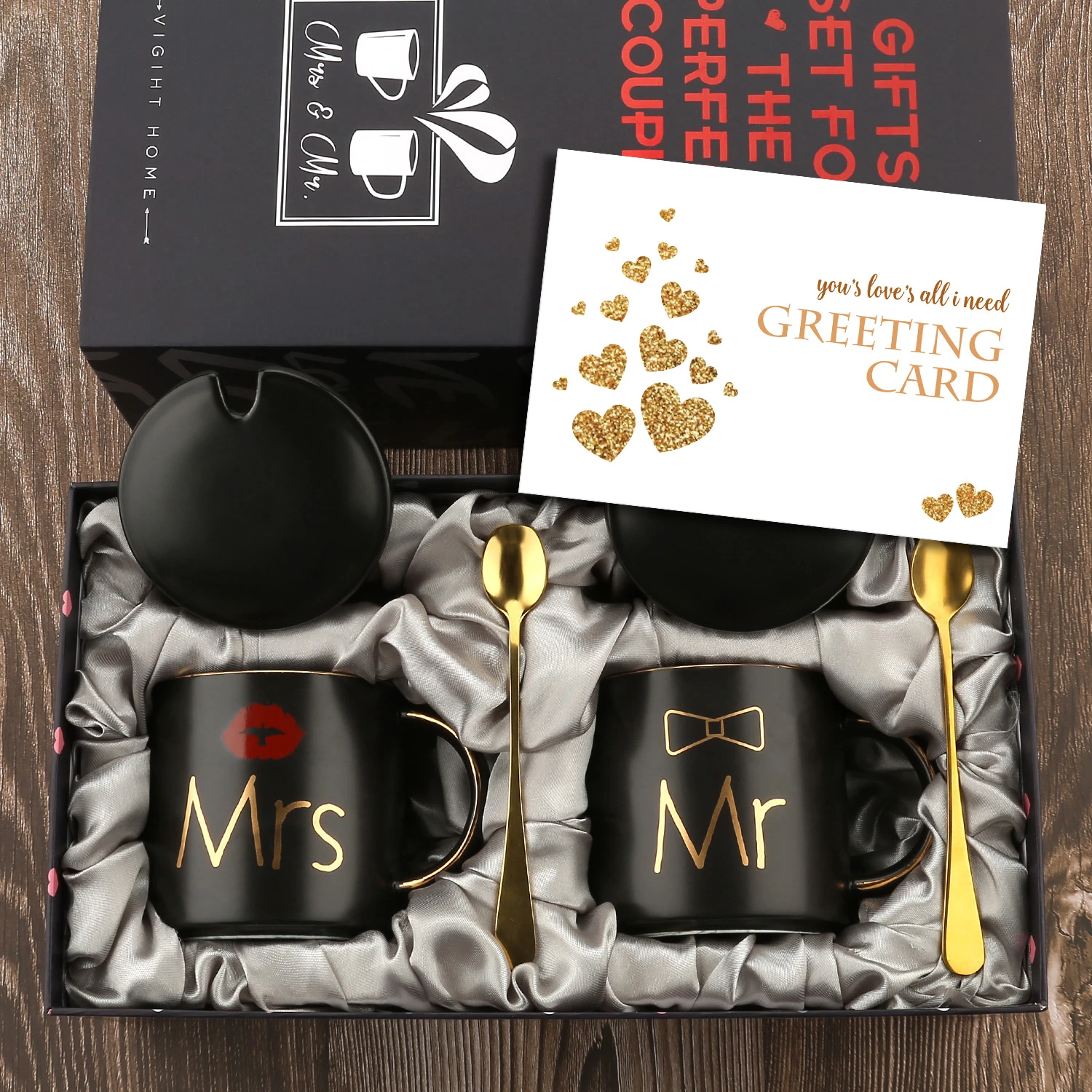 Mr and Mrs Coffee Mugs Cups Gift-Set for Engagement Wedding Bridal Shower Bride and Groom To Be Newlyweds Couples Black Ceramic