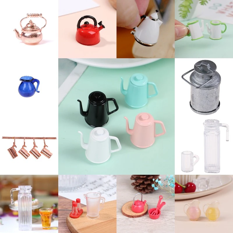 Hot！1/12 Dollhouse Miniature Accessories Mini Kettle Teapot Cups Simulation Furniture Tea Pot Kitchen Model Toys for Doll House