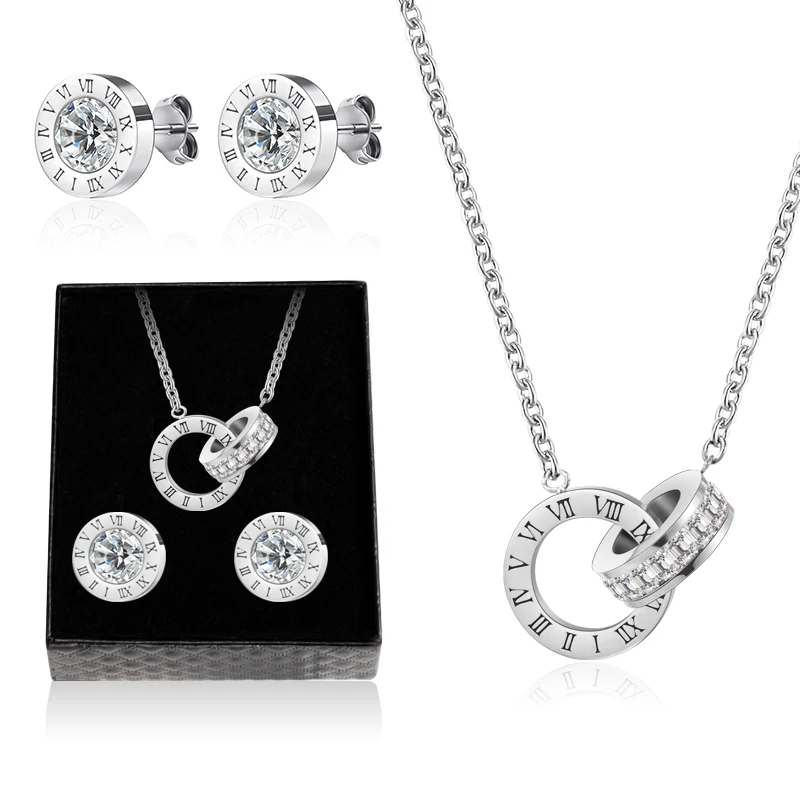 VCORM Luxury Roman Numeral Necklace Earrings Set For Women Fashion Stainless Steel Crystal Stud Earring Wedding Jewelry Gift Box