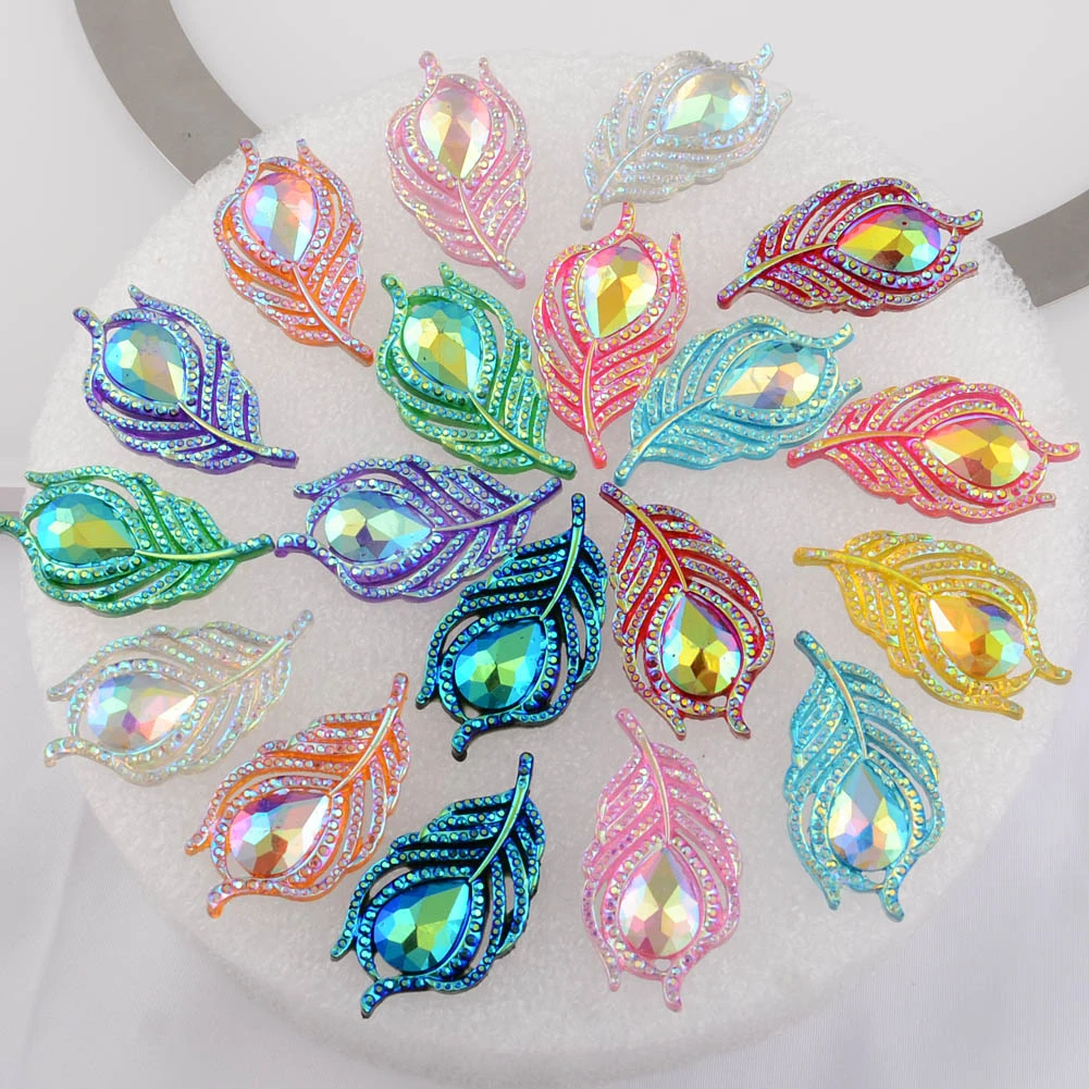 BOLIAO DIY 10Pcs 20*38mm( 0.79*1.5in ) AB Color Peacock Leaf Resin Shining Mix Rhinestone Flatback No Hole Home Decor Crafts
