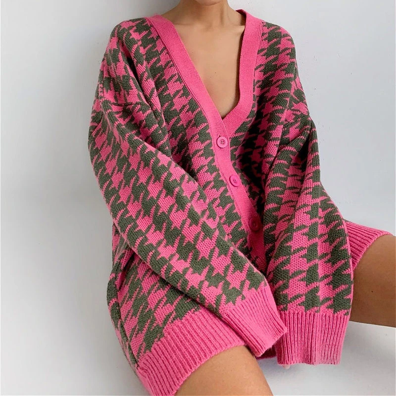 2021 Houndstooth V-neck Knitted Cardigan Women Long Sleeve Female Sweater Coat Fashion Autumn Sweet Ladies Oversized Cardigans