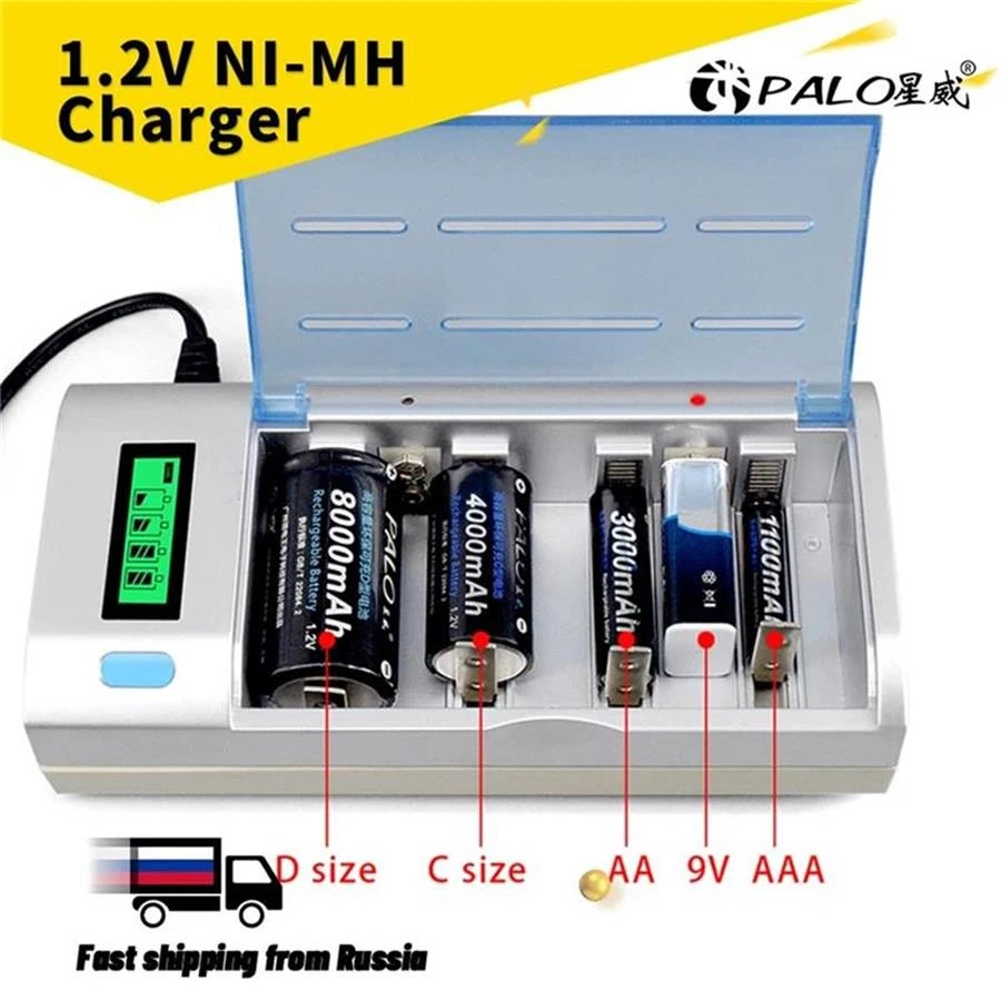 PALO Intelligent Rechargeable Battery Charger LCD Display 1.2V Ni-MH AA AAA C D Size 9V Batteries Charger C Type Fast Discharge