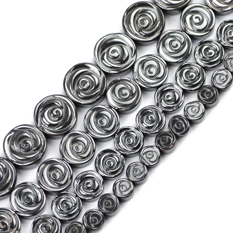 JHNBY Roses Flowers Black Hematite 6/8/10/12MM Natural Stone Flat Round Loose Beads For Jewelry Bracelet Making DIY Accessories