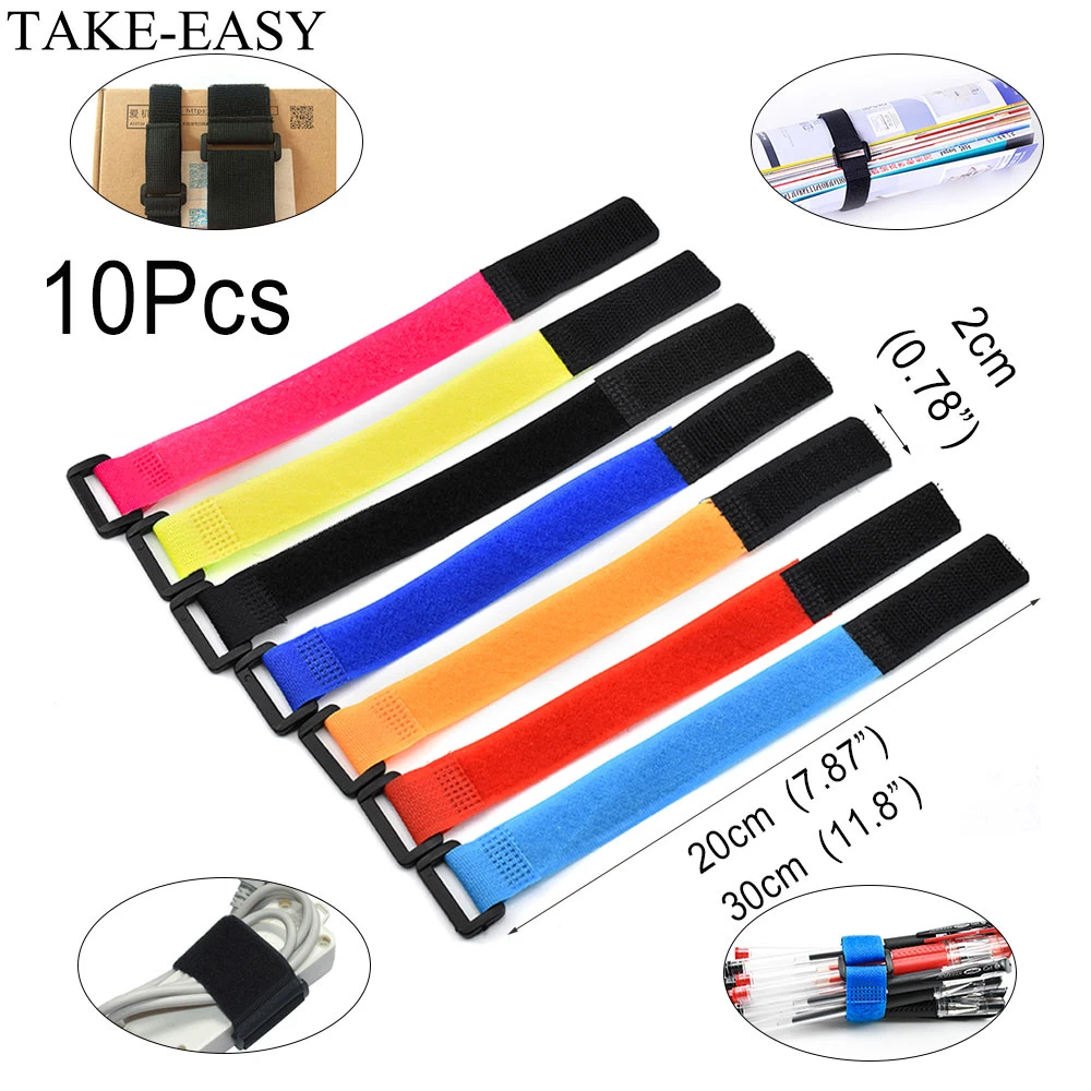 TAKE-EASY 10Pcs Adhesive Loop Hook Reusable Fishing Rod Tie Holder Strap Hook and Loop Cable Ties Fastener Tape Cable Organizers