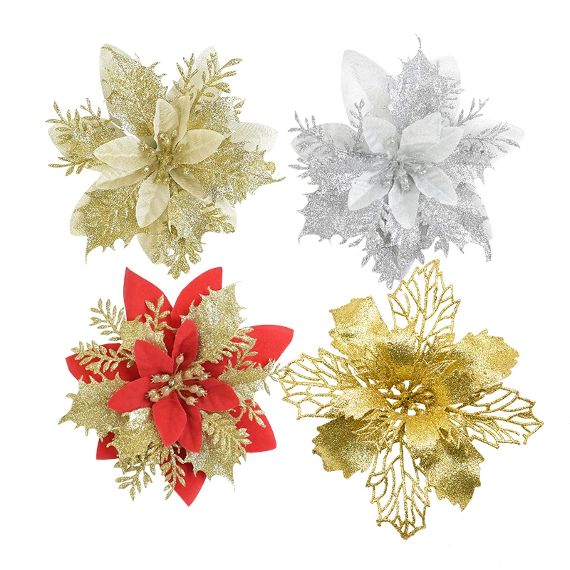 5pcs Glitter Artificial Flowers Red Gold Christmas Flowers Tree Decoration Ornaments Fake Flower for Home Xmas New Year Decor
