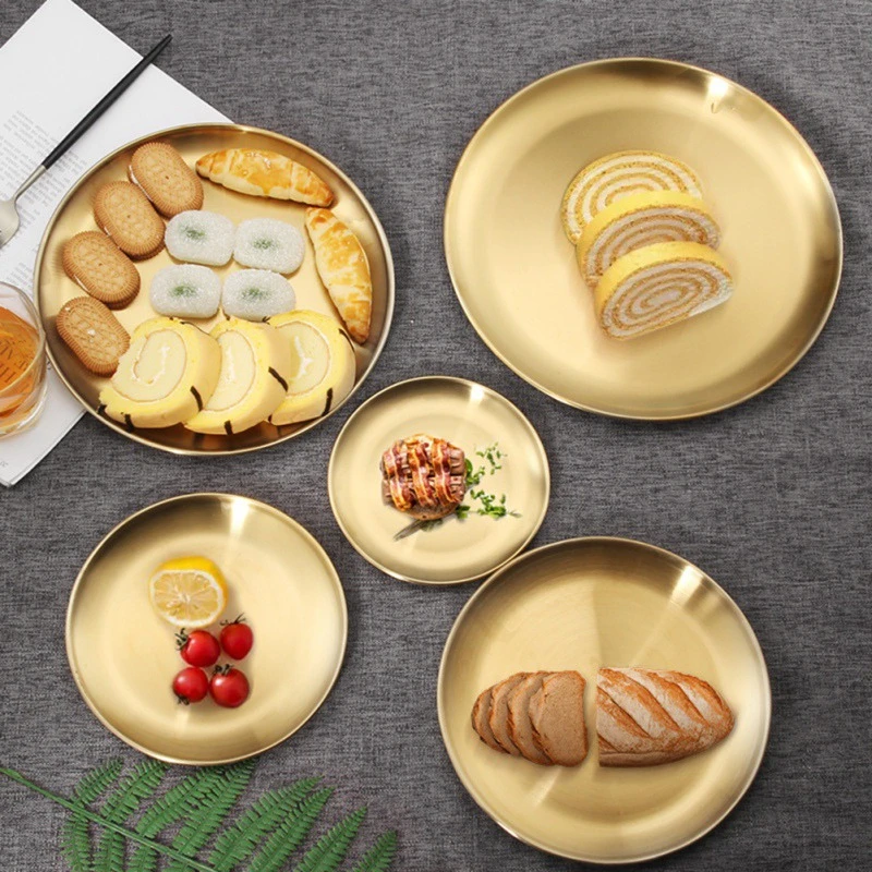 Golden Stainless Steel Storage Tray Luxurious Brass Gold Round Plate Fruit Cake Steak Snack Kitchen Metal Storage