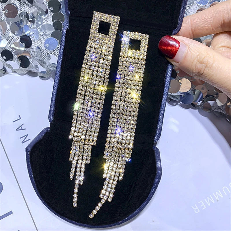 FYUAN Shiny Full Rhinestone Drop Earrings for Women Square Long Tassel Crystal Dangle Earring Weddings Fashion Jewelry Gifts