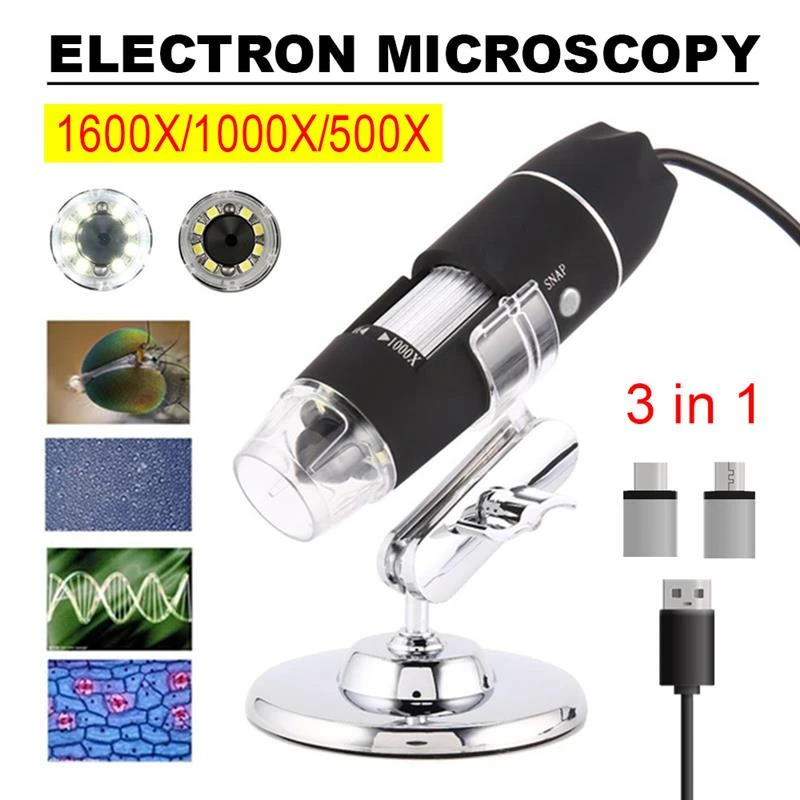 Adjustable 1600X LED Digital Microscope Camera USB/Type-C/Micro Zoom Magnifier Endoscope Electronic USB Microscope For Soldering