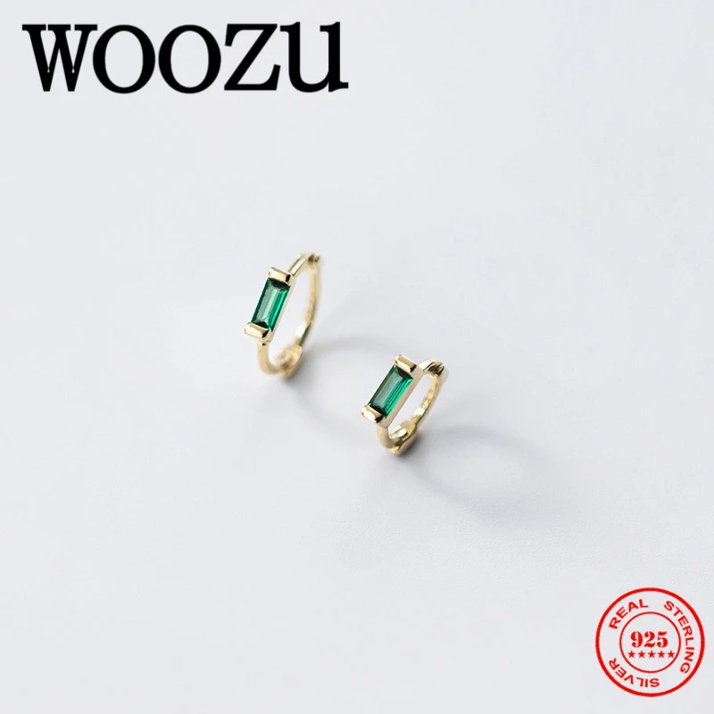 WOOZU Simple Green White Geometric Square Zircon Ear Buckle for Women Genuine 925 Sterling Silver Rock Men Hoop Earrings Jewelry