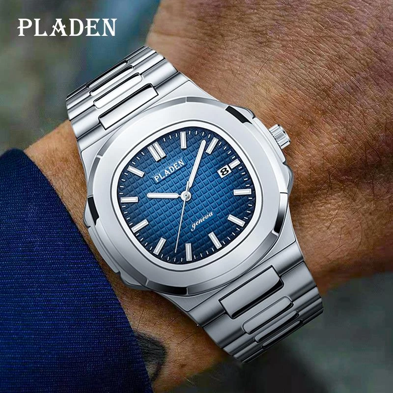 PLADEN Business Men Watch Luxury Fashion Quartz Wristwatch Male Stainless Steel Strap Gradient Blue Waterproof Calendar Watch