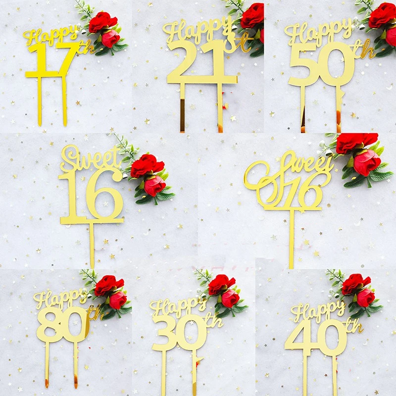 Number Acrylic Happy Brithday 16 18 40 50 60 70 80 Golden Cake Topper Digital Love Wedding Cake Topper Party Cake Decoration