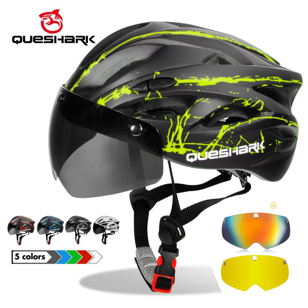QUESHARK Men Women Ultralight Cycling Helmet MTB Road Bike Bicycle Motorcycle Riding Removable Yellow Colorful Lens QE111