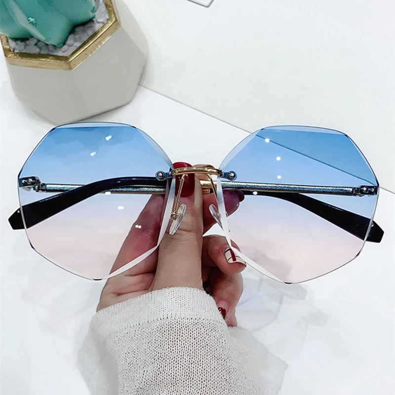 Fashion Sunglasses Women Brand Designer Rimless Gradient Sun Glasses Shades Cutting Lens Ladies Frameless Metal Eyeglasses UV400