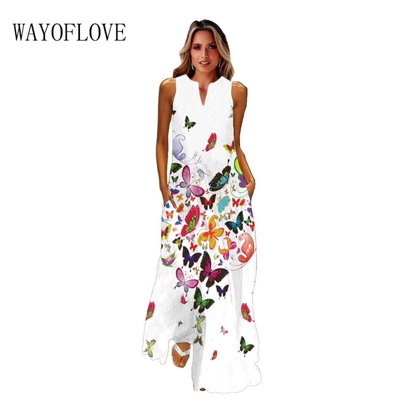 WAYOFLOVE Butterfly Print White Dress 2021 Casual Elegant Spring Summer Long Dresses Woman Sleeveless Beach Party Women's Dress