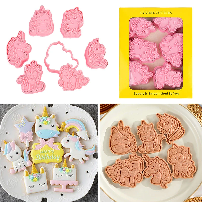 6Pcs/set 3D Unicorn Cookie Cutters Cartoon Plastic Fondant Biscuit Mould ABS Plastic Baking Mould Cookie Decorating Tools