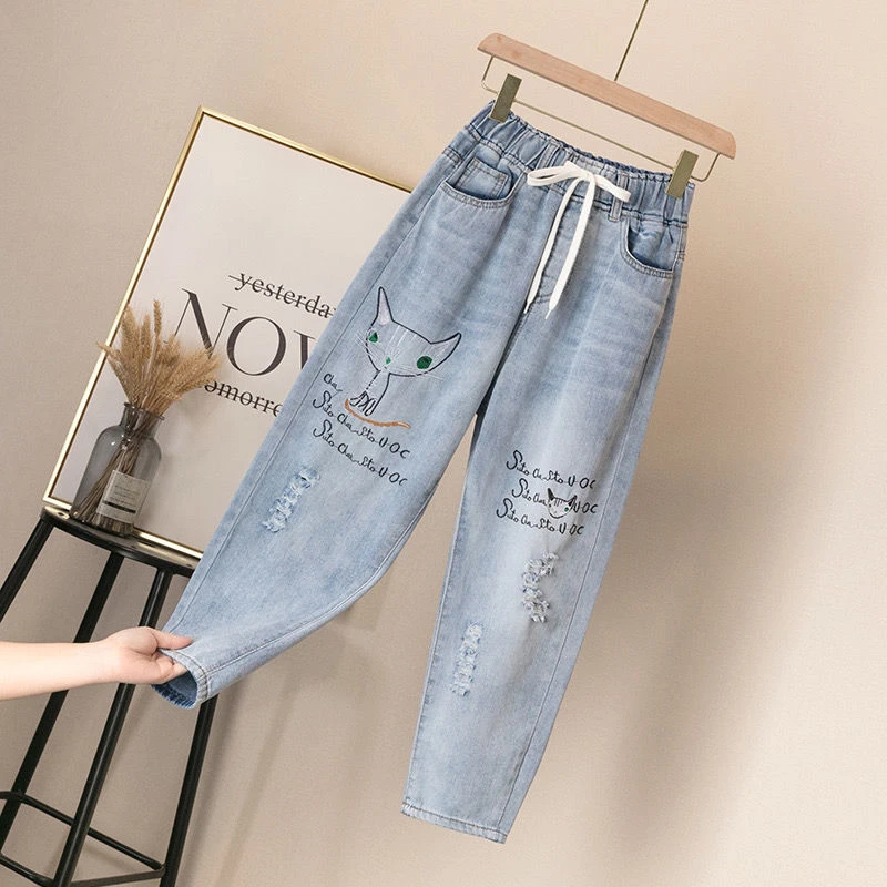 Ripped High Waist Mom Jeans Plus Size Denim Pants For Women Female Vintage Embroidery Elastic Waist Ankle Length Trousers Baggy