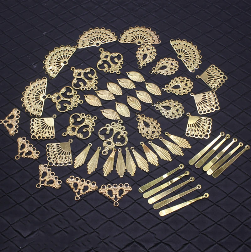 60pcs Mixed Leaf Sector Charms Gold Vintage Bracelet Earrings Metal Crafts Pendants For Jewelry Making Accessories Diy Supplies