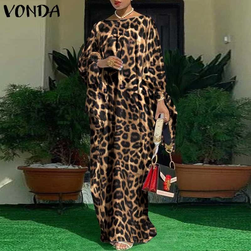 Women Kaftan Dress 2021 VONDA Vintage Leopard Print Party Long Maxi Dress Casual Long Sleeve Pleated Vestido Oversized Plus Size