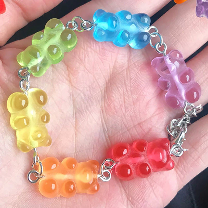 Cute Gummy Bears Bracelet Stainless Steel Chain Pendant Charms Bracelets for Women Men Wrist Ankle Jewelry Girls Birthday Gift