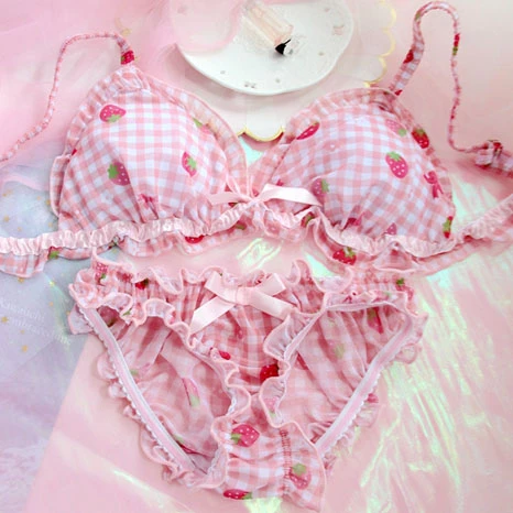 Lolita Women's Cute Strawberry Print Bra & Panties Lingerie Set Japanese Girl Bras Briefs Underwear Set Women Bra and Panty Set
