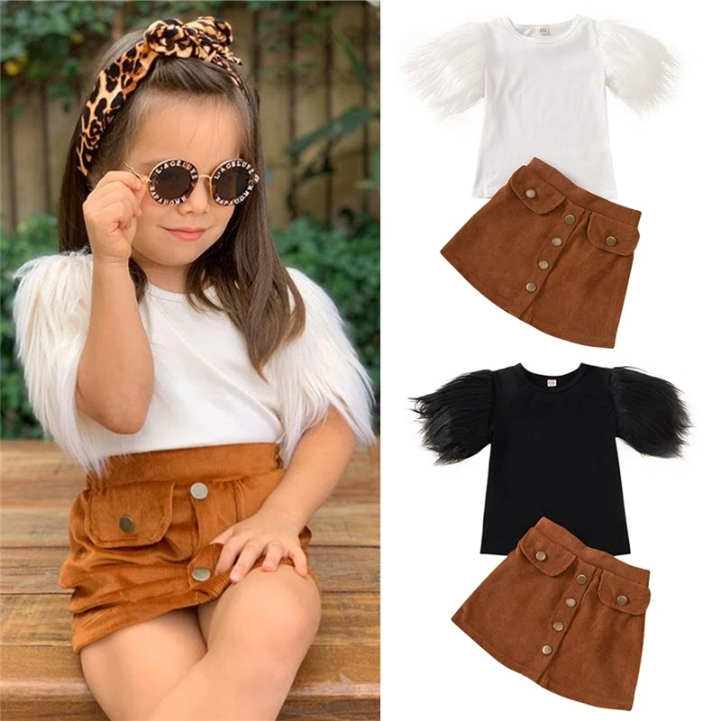 2020 Fashion Toddler Kid Baby Girls 2Pcs Clothes Sets Fur Short Sleeve Solid T Shirts Tops Button A-Line Skirts Outfits