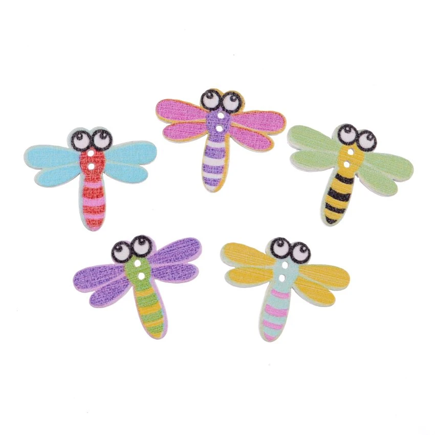 10PCs Random Mixed Dragonfly Wood Sewing Buttons 2 Holes Pattern Scrapbooking Craft Sewing Children's Garment Sewing Notions