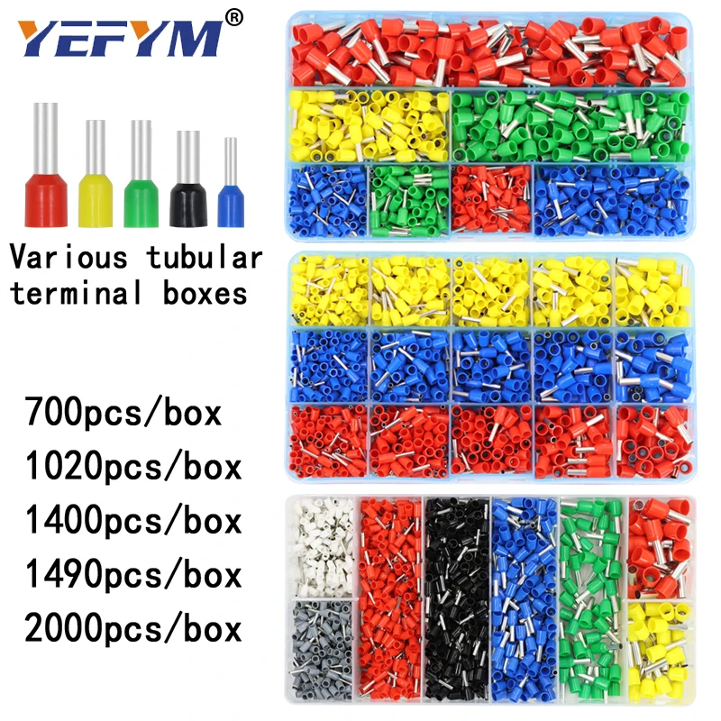 Boxed tubular terminal various styles electrical wiring connector crimping insulated tube terminals set for 0.5mm2-10mm2 wire