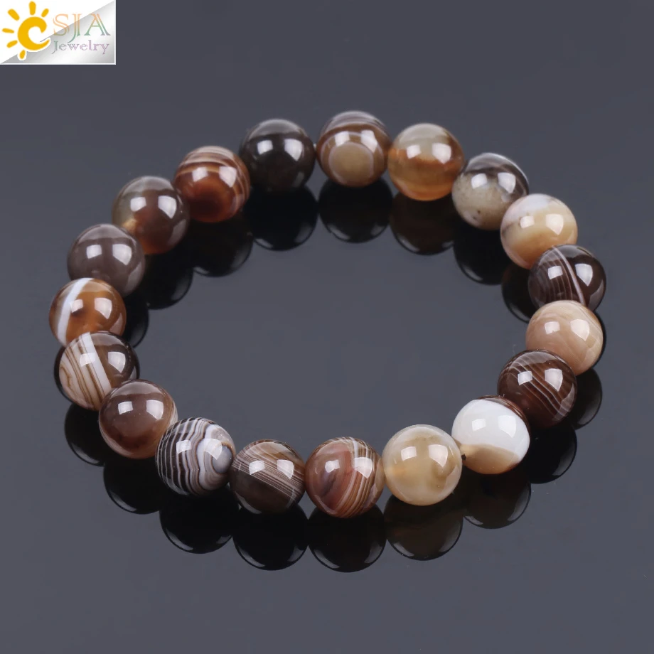CSJA Natural Round Gem Stone Agates Onyx Men Bracelets Bangle 10mm Brown Stripe Ethnic Rosary Energy Beads Prayer Wristband F113