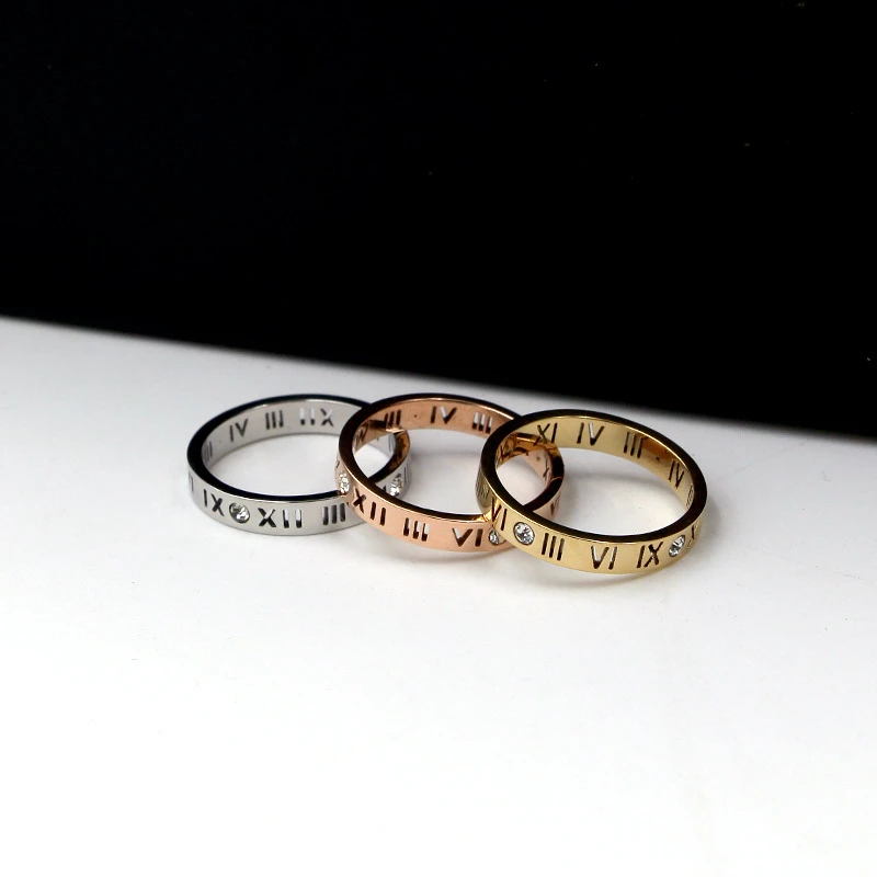 Fashion jewelry elegant temperament of hollow out lucky Roman numerals rose gold plating titanium steel ring