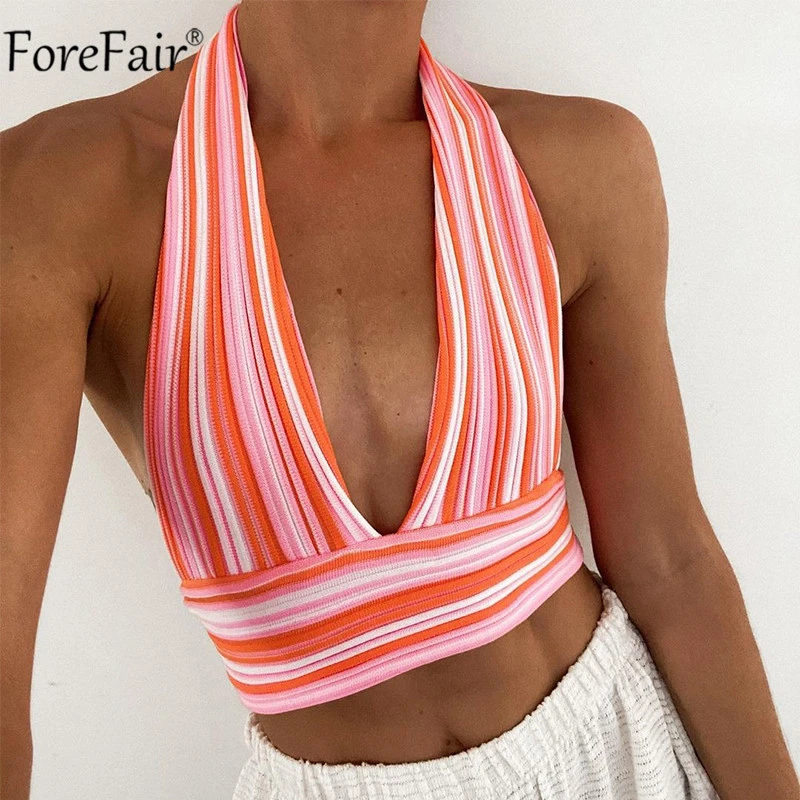 Forefair Deep V Neck Knit Crop Top Y2k Women Blue Backless Off Shoulder Summer Beach Halter Neck Bandage Sexy Top Tanks