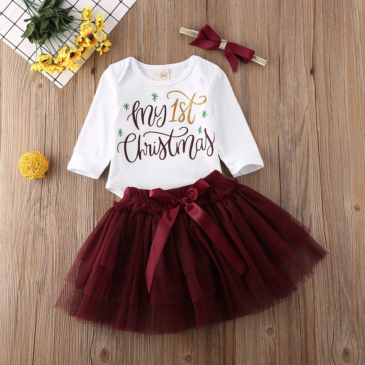 My First Christmas Clothes Set for Kids Baby Girls Infant Party Costume Cotton Bodysuit Mesh Tutu Skirt Headband 3 Piece 0-18M