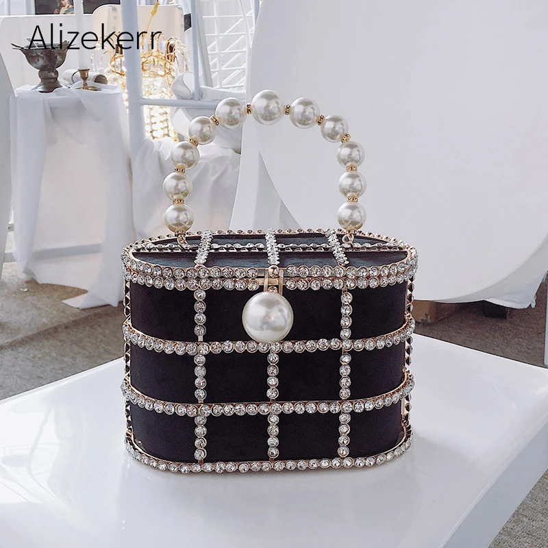 Diamonds Basket Evening Clutch Bags Women 2019 Luxury Hollow Out Preal Beaded Metallic Cage Handbags Ladies Wedding Party Purse