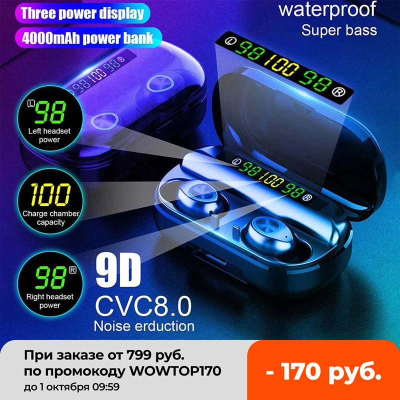 TWS 4000mAh v5.0 bluetooth Stereo Wireless Earphones Waterproof Earbuds With 3 LED Display Sport Wireless Headsets