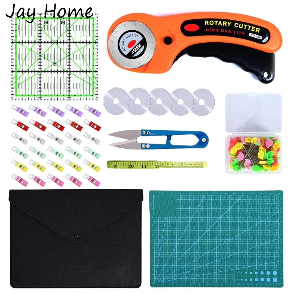 32Pcs Rotary Cutter Tool Kit 45mm Rotary Cutter & Cutting Mat & Patchwork Ruler & Sewing Clips for Fabric Leather Cutting Tools