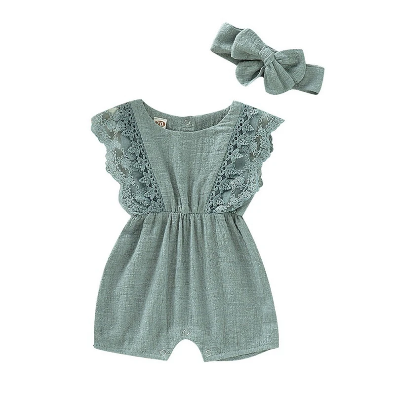 Summer Baby Girl Rompers Newborn Baby Clothes Toddler Flare Sleeve Solid Lace Design Romper Jumpsuit With Headband One-Pieces