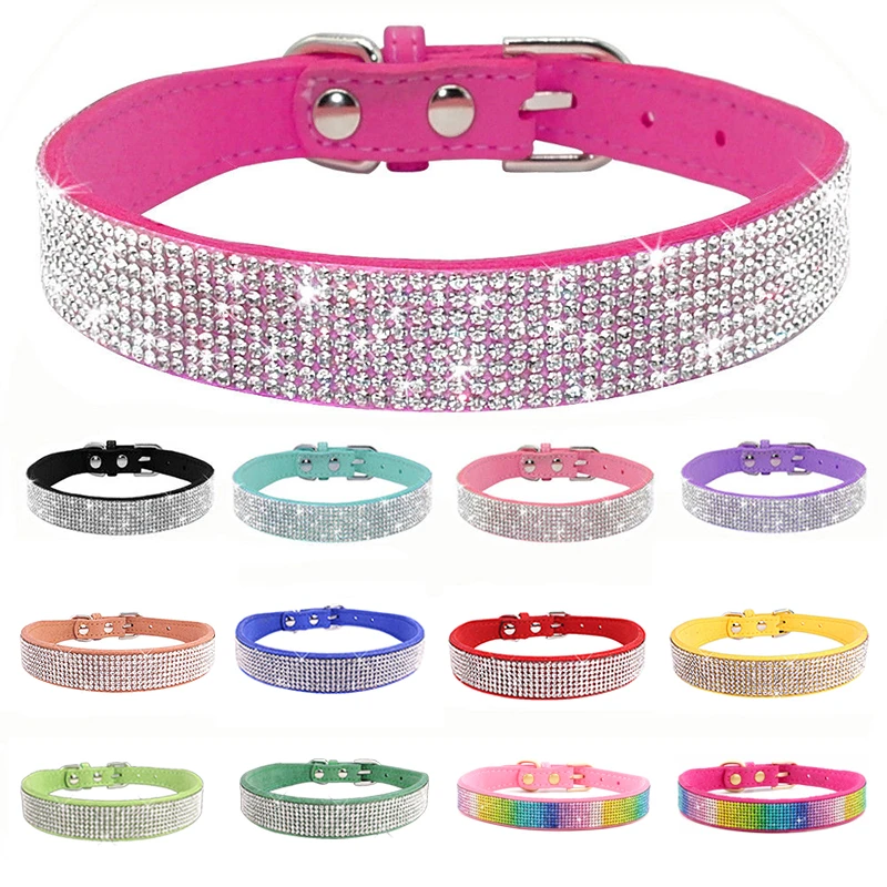 Comfortable Suede Fiber Crystal Dog Collar Glitter Rhinestone Dog Collars Zinc Alloy Buckle Collar for Small Dogs Cats XS/S/M/L