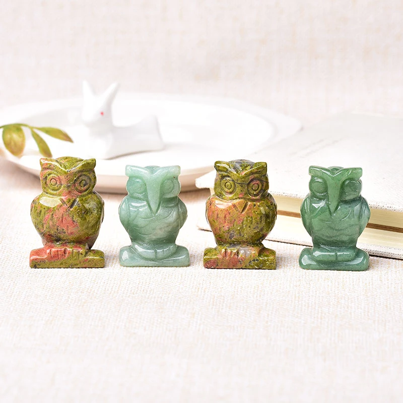 1PC Natural Stone Carved Owl Animal Ornaments Aventurine Unakite Crystal Quartz Stone Crafts Handmade Figurine Home Decoration