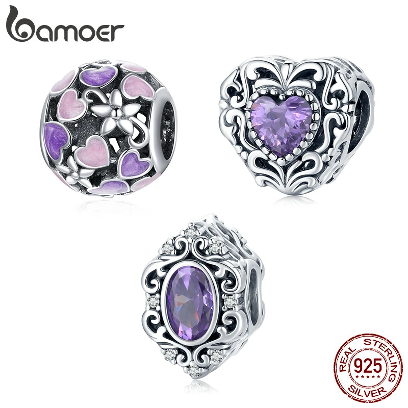 bamoer Vintage 925 Sterling Silver Purple Crystal Bead Pattern Heart Charm for Original Bracelet Bangle for Women Fine Jewelry
