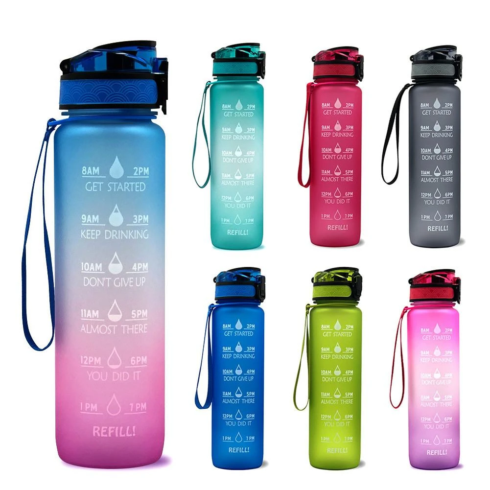 1L Tritan Material Water Bottle With Bounce Cover Time Scale Reminder Frosted Leakproof Cup For Outdoor Sports Fitness