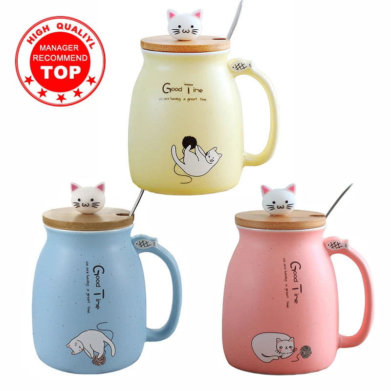 Creative color cat heat-resistant Mug cartoon with lid 450ml cup kitten coffee ceramic mugs children cup office Drinkware gift